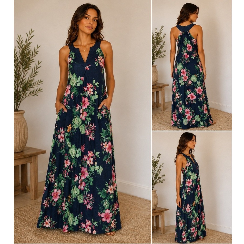 Tommy Bahama Maxi Dress Womens Small Tropical Floral Navy Blue Cotton Linen Boho
